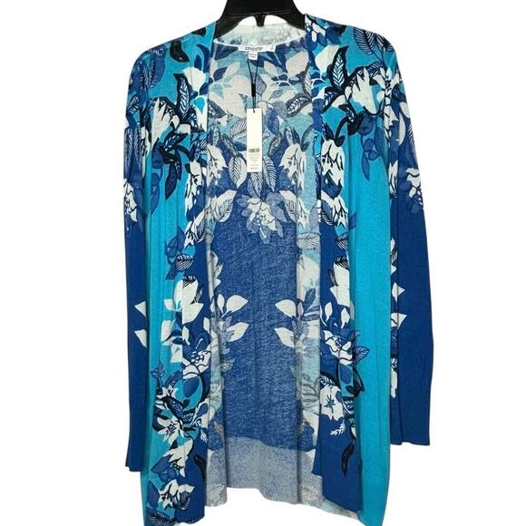 Chico's Blue & White Floral Open Front Long Sleeve Midi Cardigan Size Large New - Picture 1 of 12